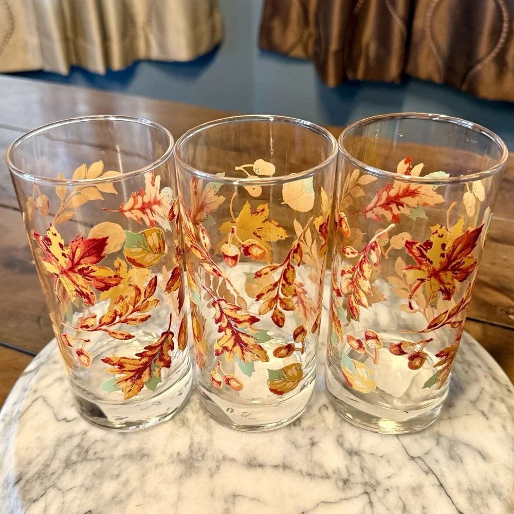3pc NWT Greenbrier Autumn Fall Leaves Acorns Drinking Glass Glasses Tumbler 16oz